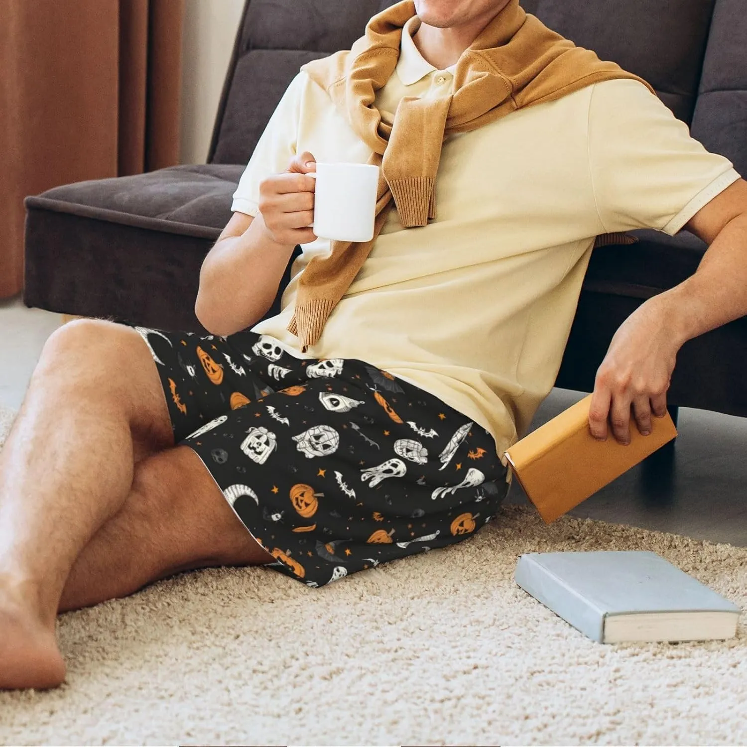 Mens Pajama Pants - halloween elements Sleep Shorts Mens Pajama Shorts, Comfy Pj Pants for Mens Lounge Shorts