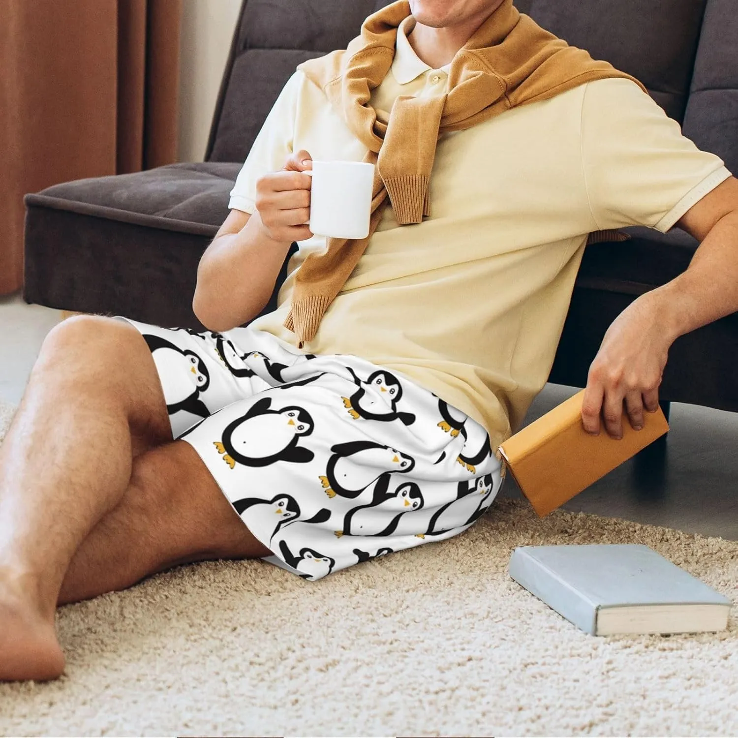 Mens Pajama Pants - Lovely Penguin A Comfy Sleep Shorts Mens Pajama Shorts, Mens Lounge Shorts Pj Pants