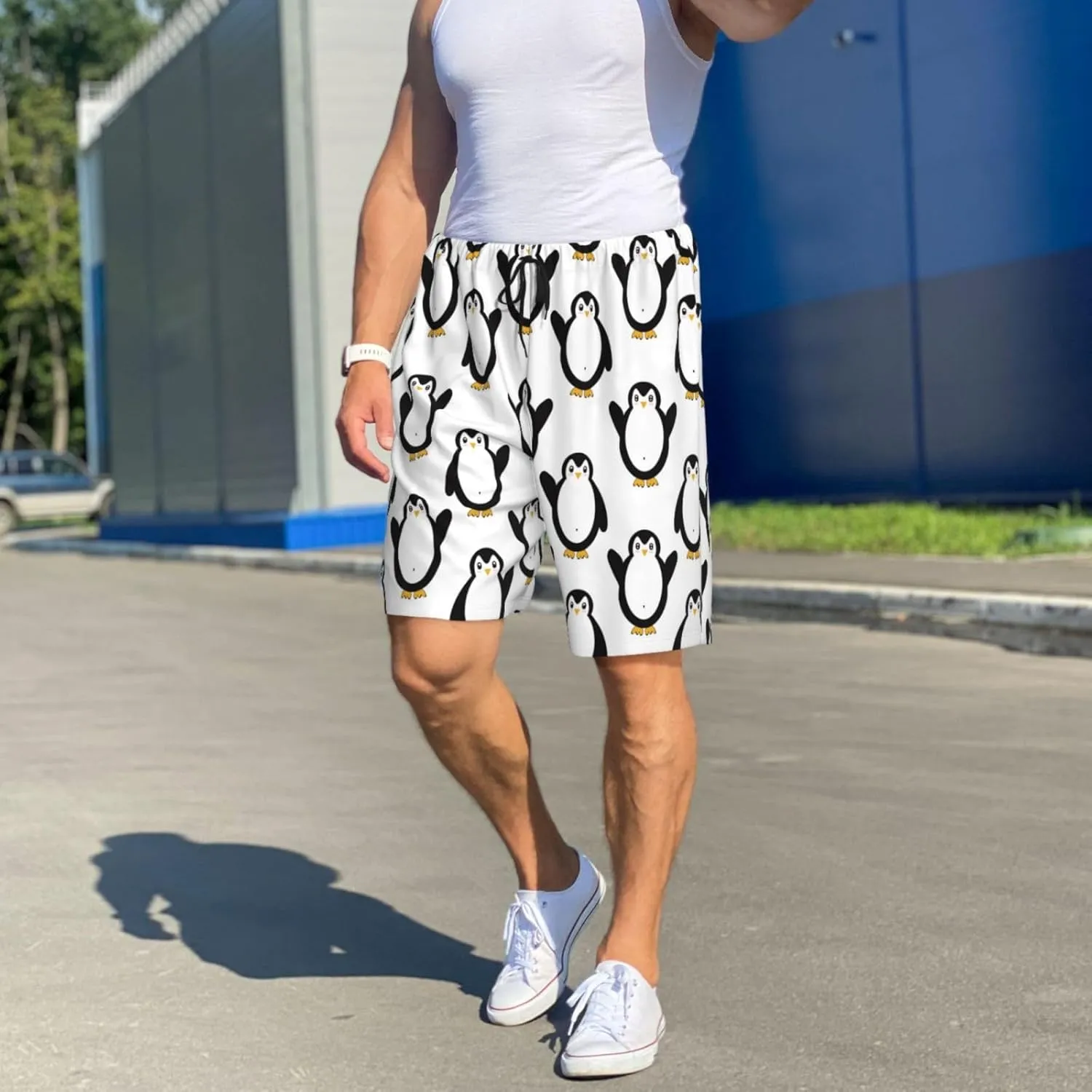 Mens Pajama Pants - Lovely Penguin A Comfy Sleep Shorts Mens Pajama Shorts, Mens Lounge Shorts Pj Pants