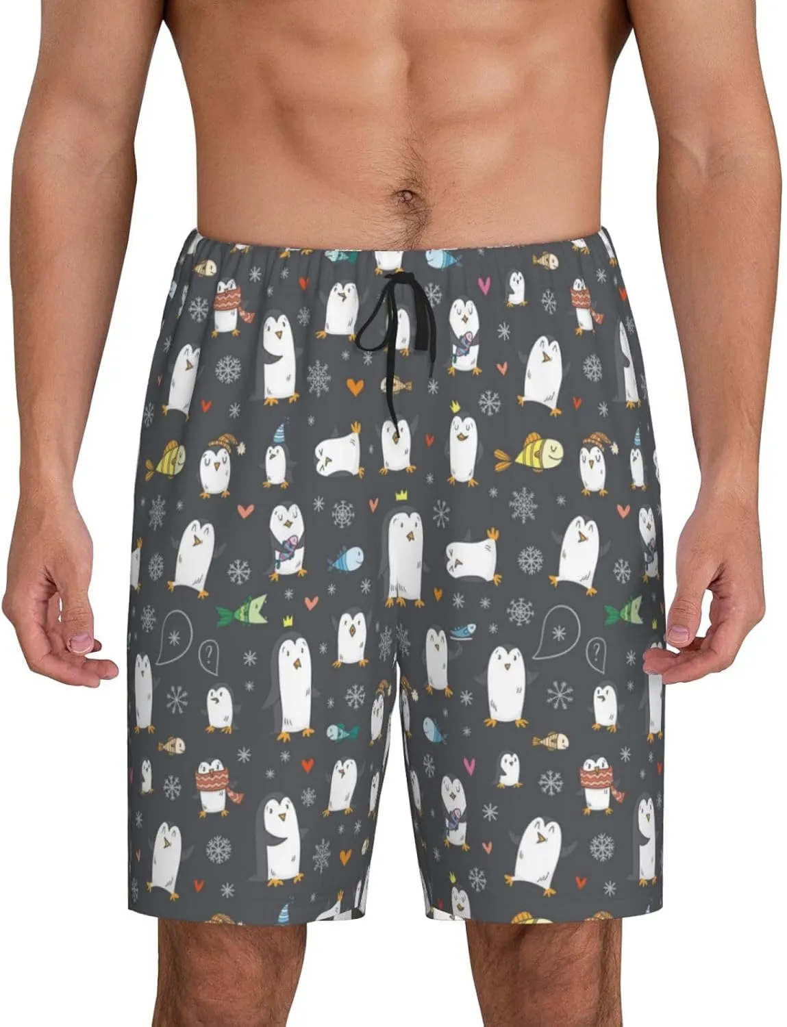 Mens Pajama Pants - Lovely Penguin Comfy Sleep Shorts Mens Pajama Shorts, Mens Lounge Shorts Pj Pants