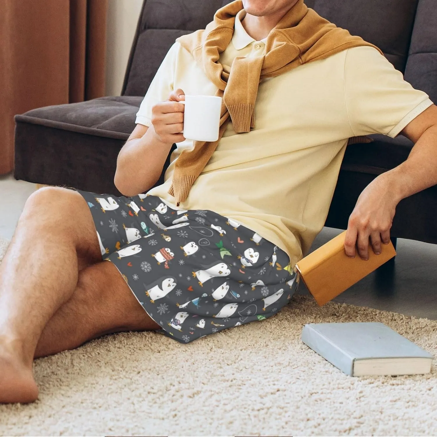 Mens Pajama Pants - Lovely Penguin Comfy Sleep Shorts Mens Pajama Shorts, Mens Lounge Shorts Pj Pants