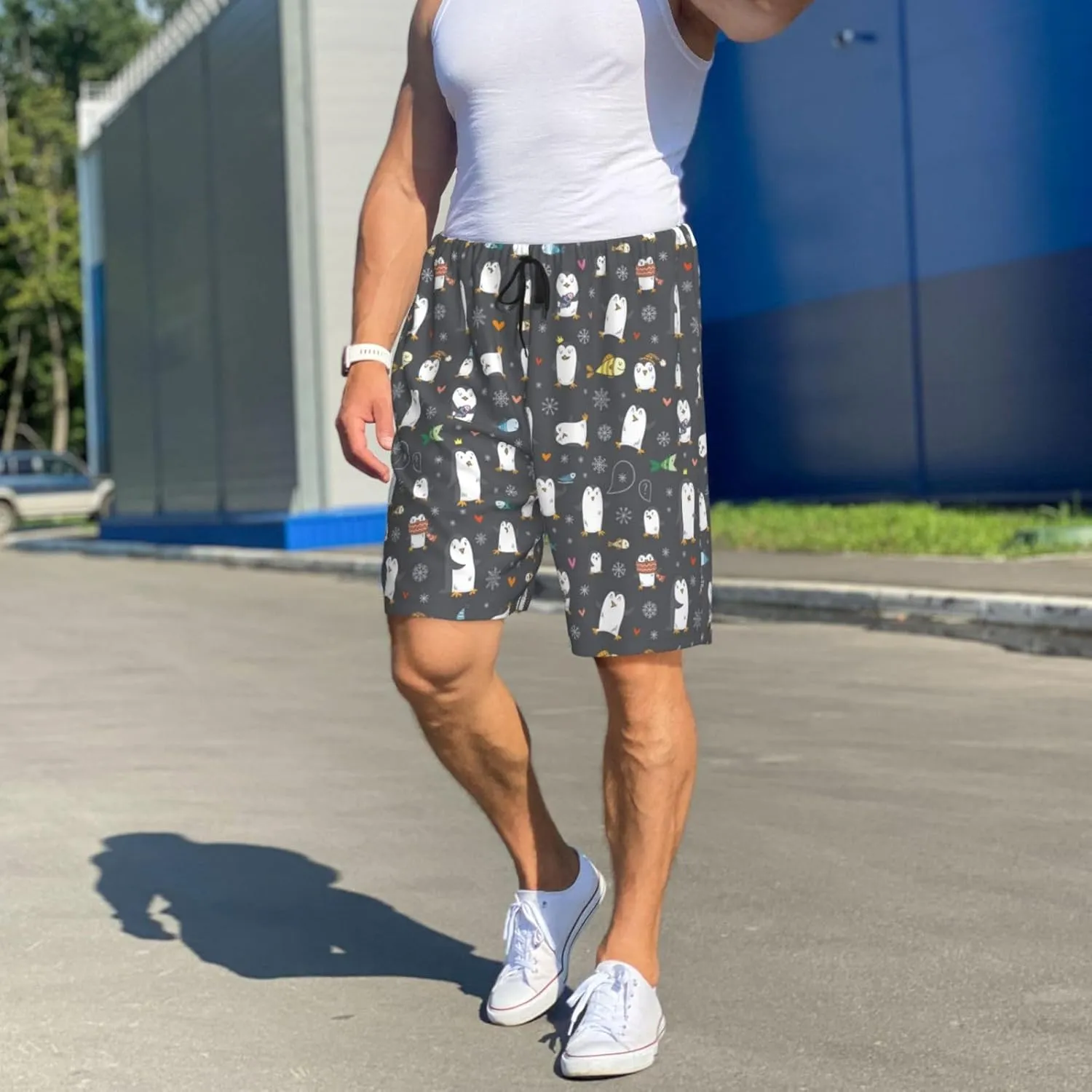 Mens Pajama Pants - Lovely Penguin Comfy Sleep Shorts Mens Pajama Shorts, Mens Lounge Shorts Pj Pants