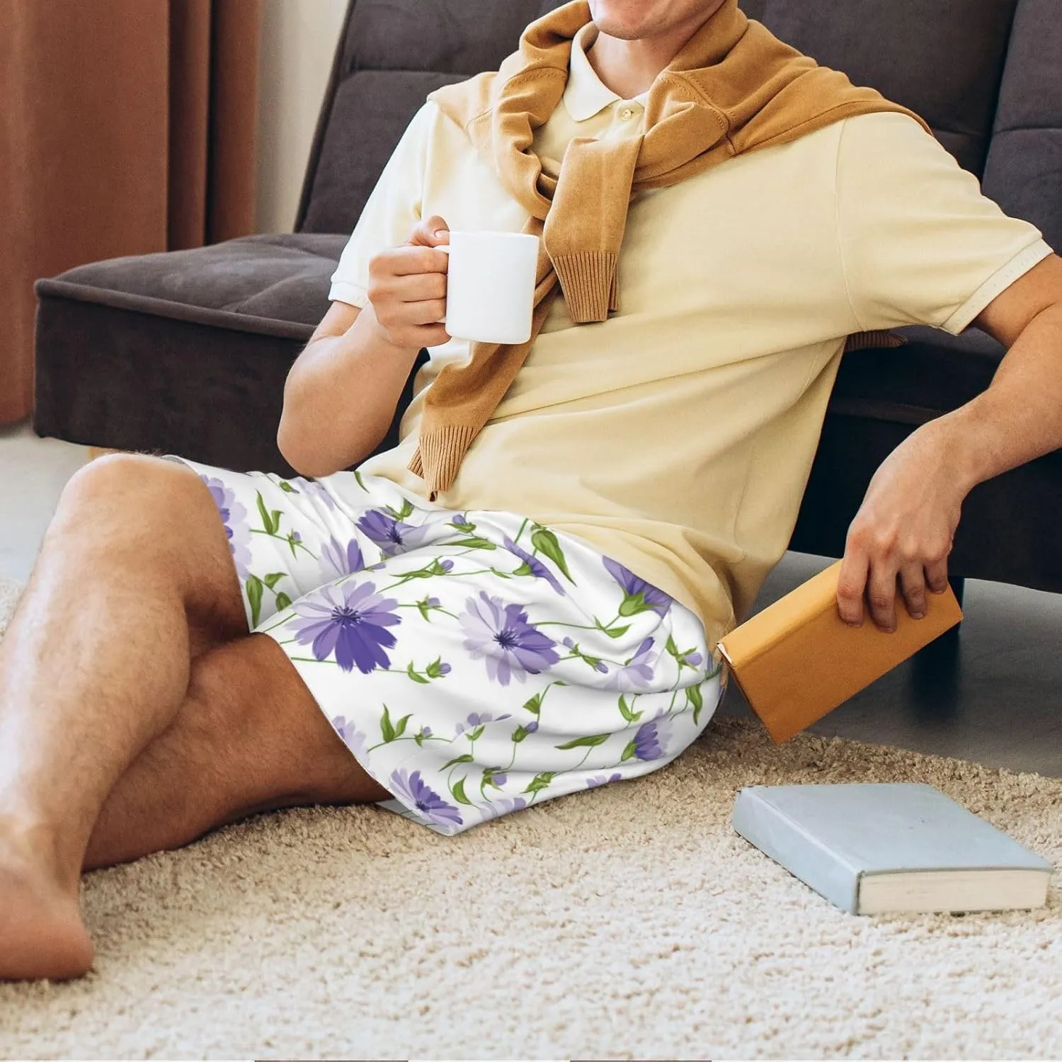 Mens Pajama Pants - Purple Chicory Comfy Sleep Shorts Mens Pajama Shorts, Mens Lounge Shorts Pj Pants