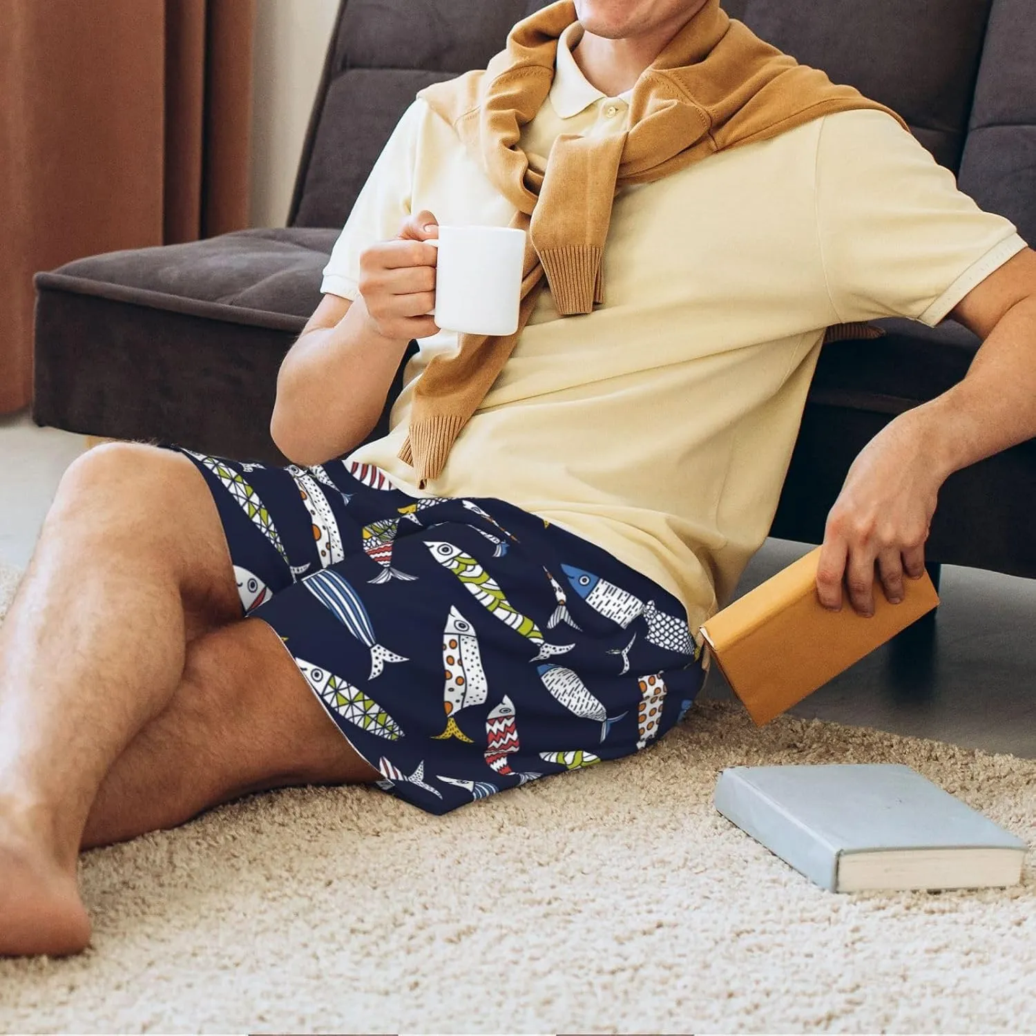Mens Pajama Pants - Sardine Sleep Shorts Mens Pajama Shorts, Comfy Pj Pants for Mens Lounge Shorts