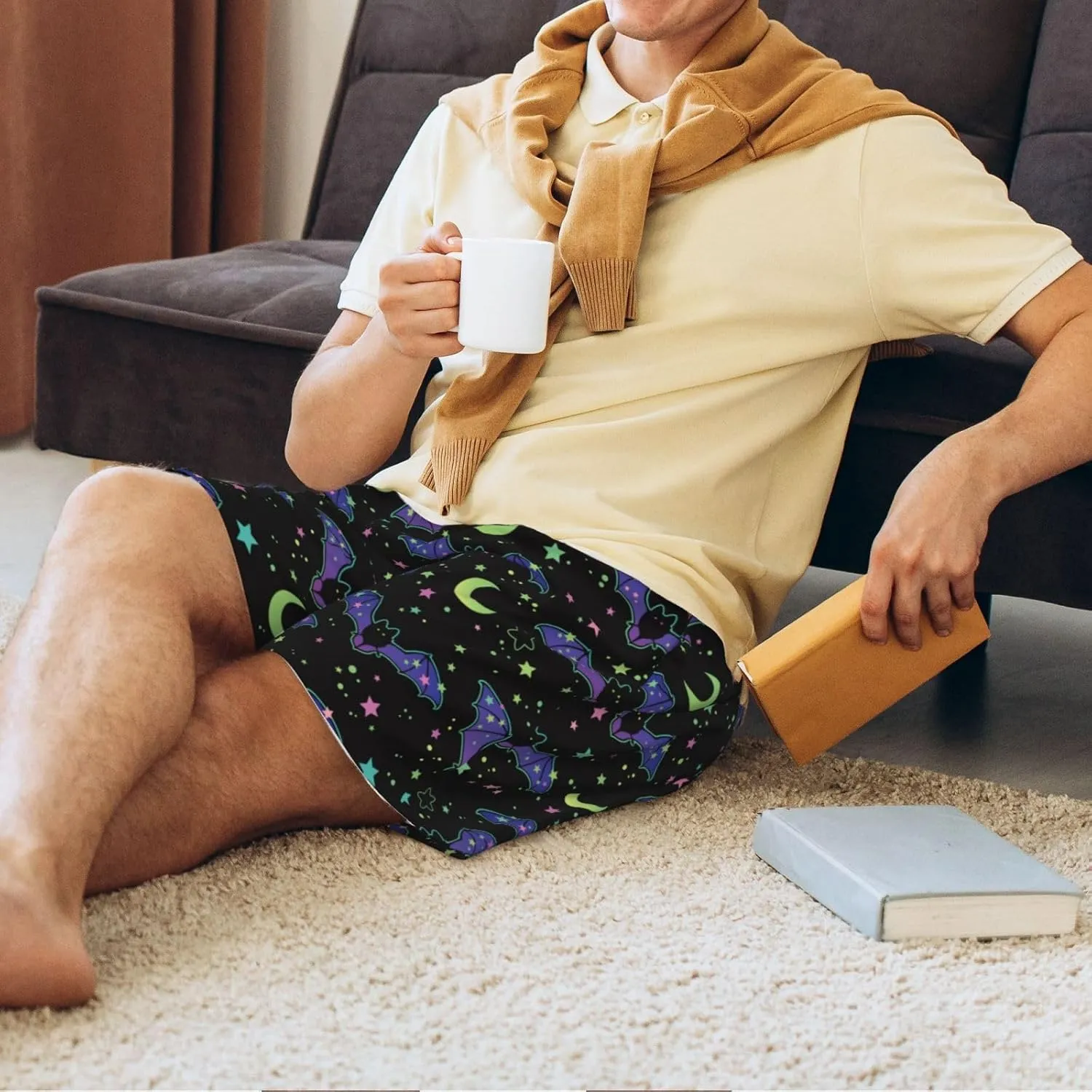 Mens Pajama Pants - Starry Sky Bat Comfy Sleep Shorts Mens Pajama Shorts, Mens Lounge Shorts Pj Pants