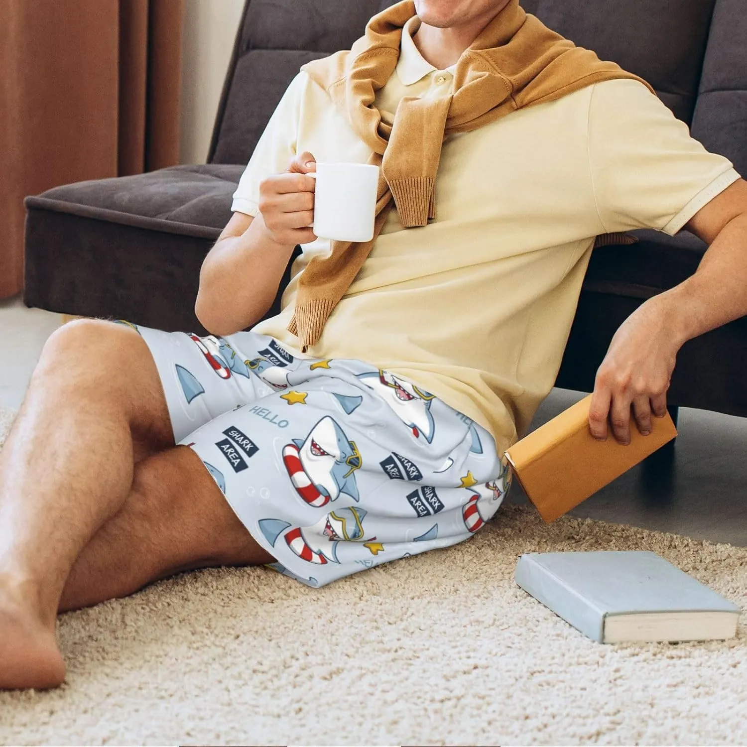 Mens Pajama Pants - Swimming Shark Comfy Sleep Shorts Mens Pajama Shorts, Mens Lounge Shorts Pj Pants