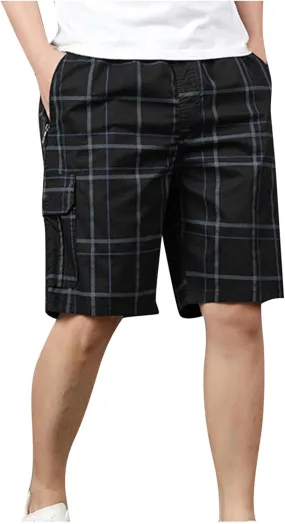 Mens Plaid Cargo Shorts Zipper Pockets Shorts Elastic Waist Shorts Plus Size Cotton Shorts Casual Five-Point Pants