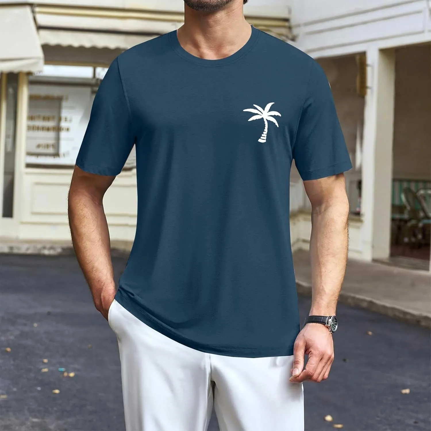 Mens Resort Wear 2025 Summer Crew Neck Short Sleeve Palm Tree Print T-Shirts Casual Slim Fit Graphic Tee Shirts, S-5xl