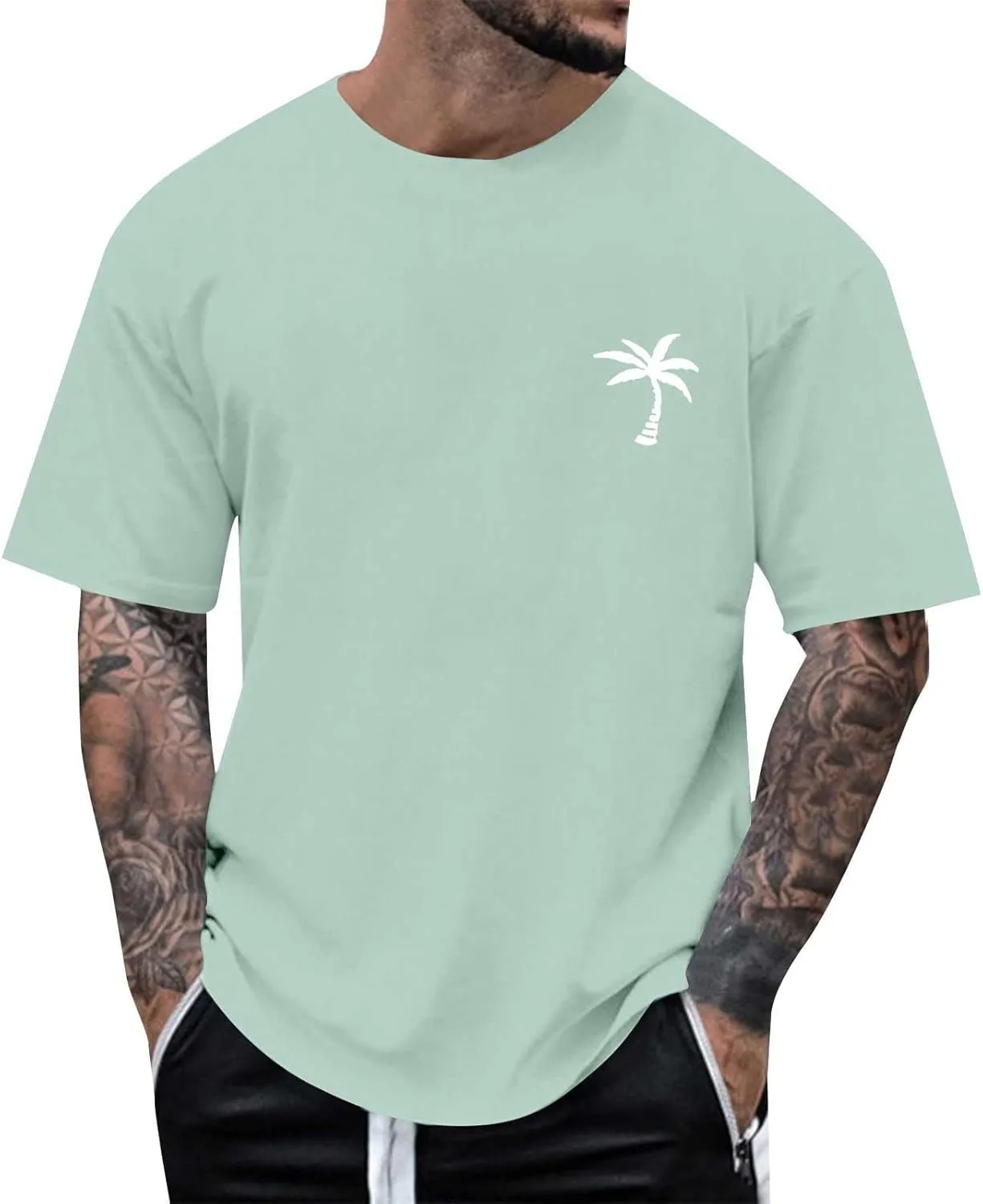 Mens Resort Wear 2025 Summer Crew Neck Short Sleeve Palm Tree Print T-Shirts Casual Slim Fit Graphic Tee Shirts, S-5xl