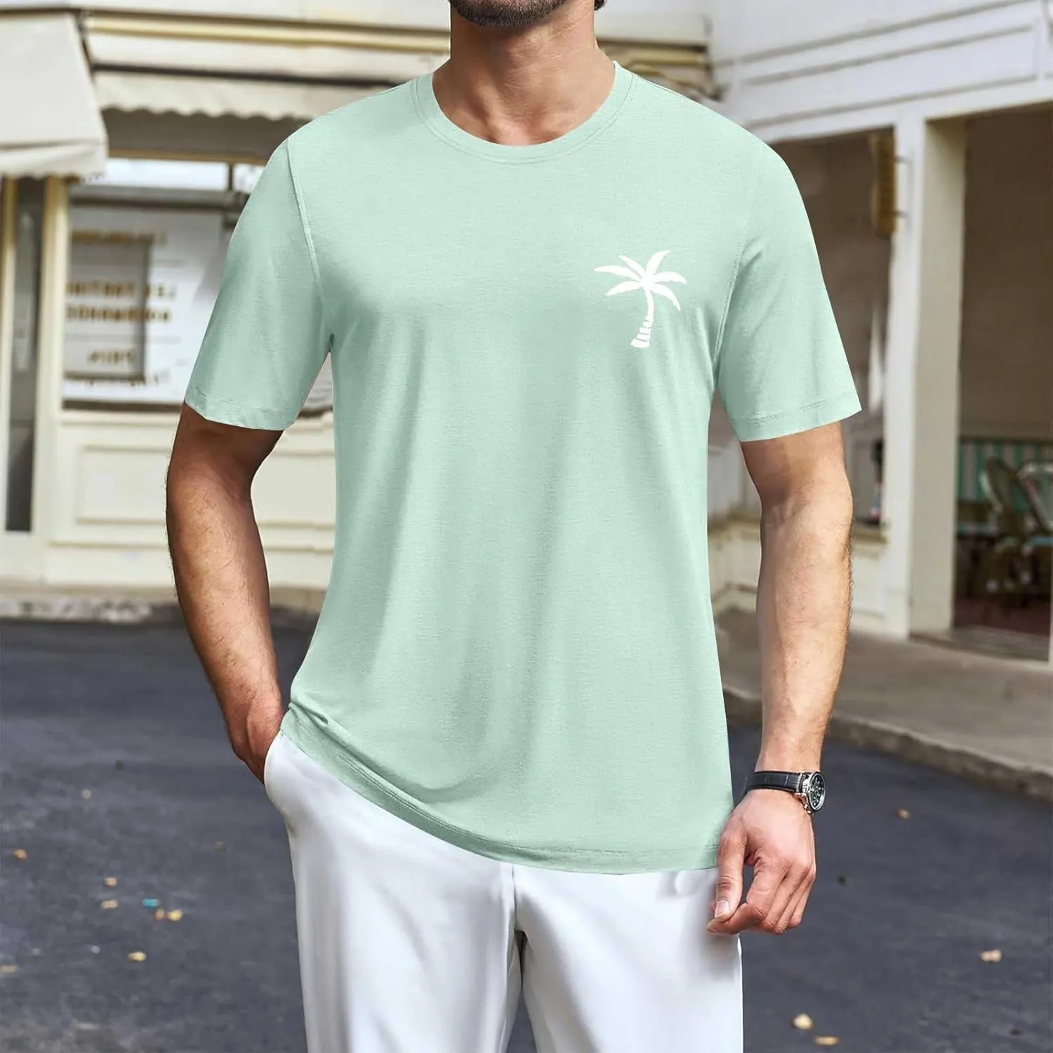 Mens Resort Wear 2025 Summer Crew Neck Short Sleeve Palm Tree Print T-Shirts Casual Slim Fit Graphic Tee Shirts, S-5xl