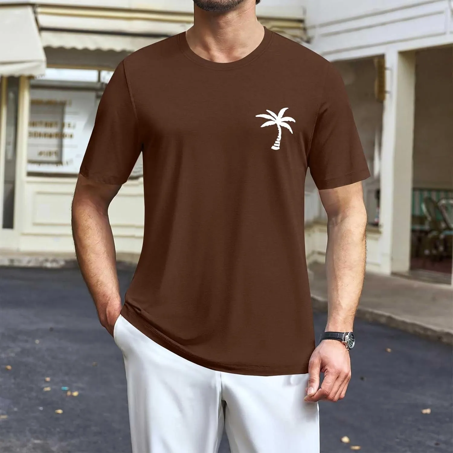 Mens Resort Wear 2025 Summer Crew Neck Short Sleeve Palm Tree Print T-Shirts Casual Slim Fit Graphic Tee Shirts, S-5xl