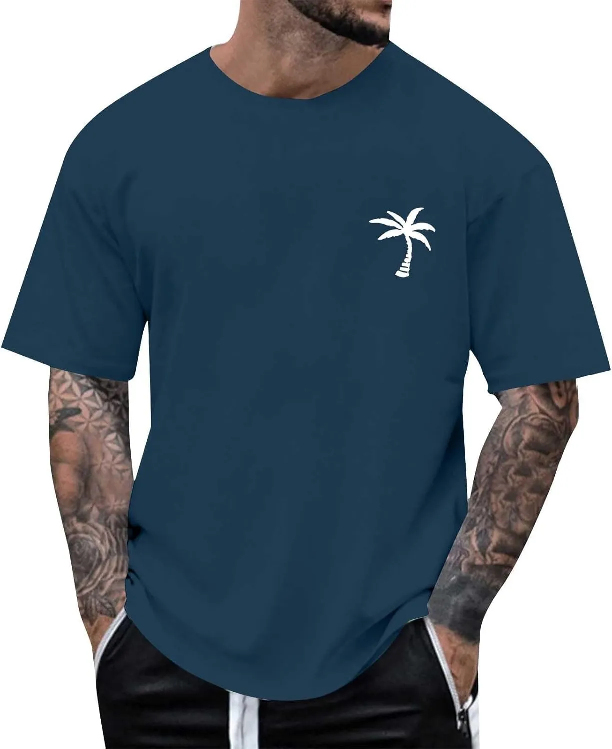 Mens Resort Wear 2025 Summer Crew Neck Short Sleeve Palm Tree Print T-Shirts Casual Slim Fit Graphic Tee Shirts, S-5xl