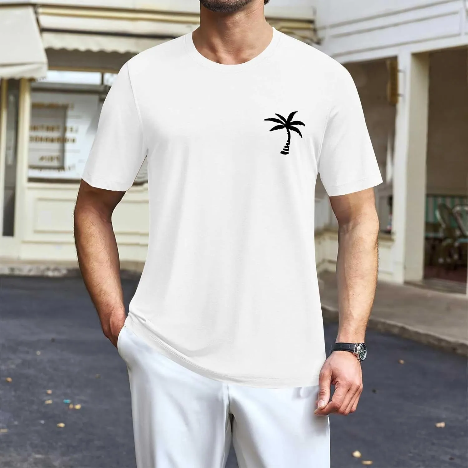 Mens Resort Wear 2025 Summer Crew Neck Short Sleeve Palm Tree Print T-Shirts Casual Slim Fit Graphic Tee Shirts, S-5xl