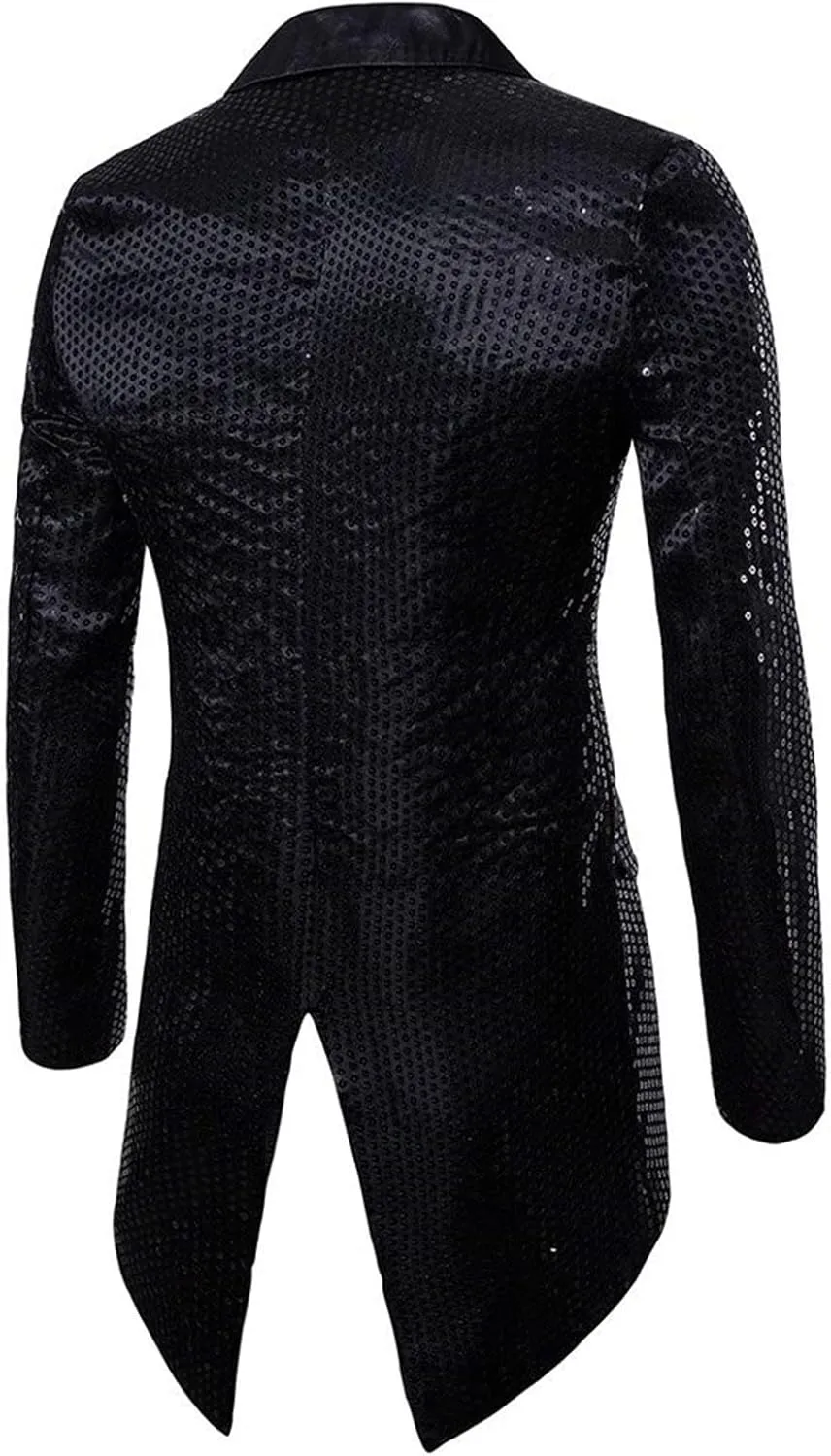 Mens Sequined Swallowtail Tuxedo Jacket, 70s Disco Inspired Luxury Dance Party Shirt, Long Sleeve Satin Dress Blouse