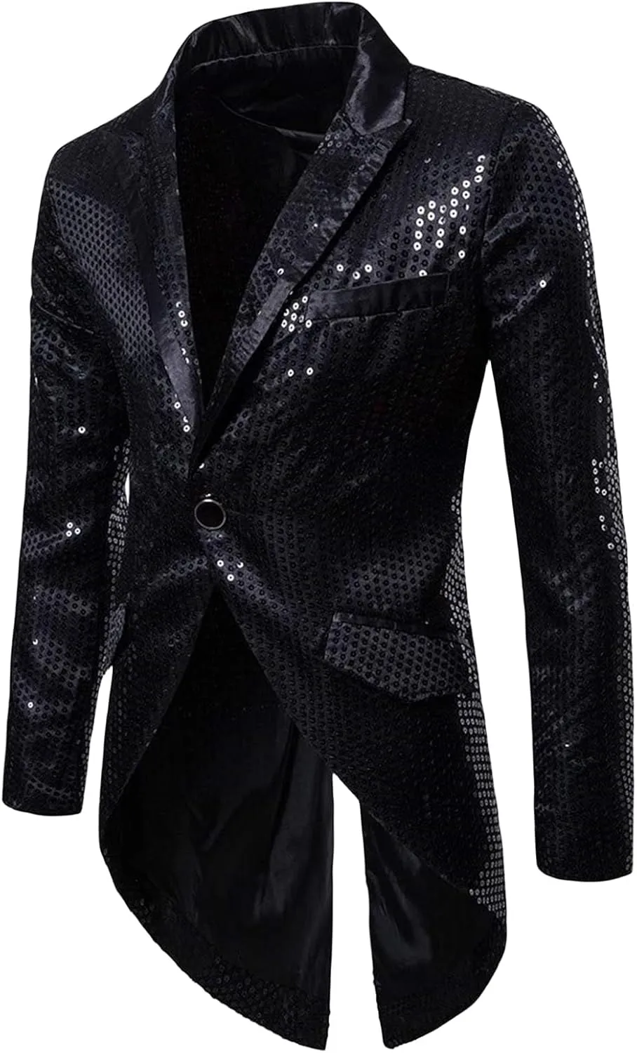 Mens Sequined Swallowtail Tuxedo Jacket, 70s Disco Inspired Luxury Dance Party Shirt, Long Sleeve Satin Dress Blouse