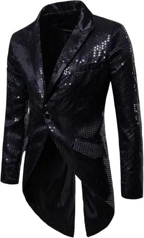 Mens Sequined Swallowtail Tuxedo Jacket, 70s Disco Inspired Luxury Dance Party Shirt, Long Sleeve Satin Dress Blouse