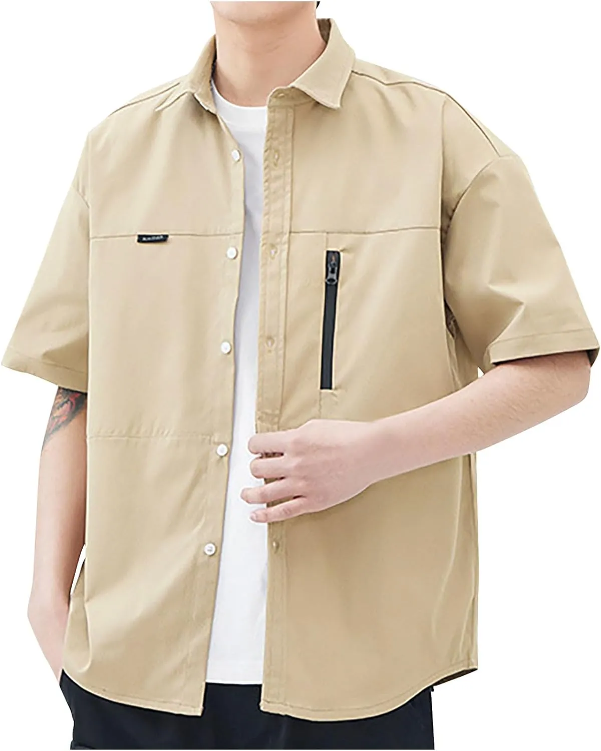 Men's Shirt Jacket with Zipper Pocket Summer Short Sleeve Button Down Shirts Cardigan Coat Blouse Tops