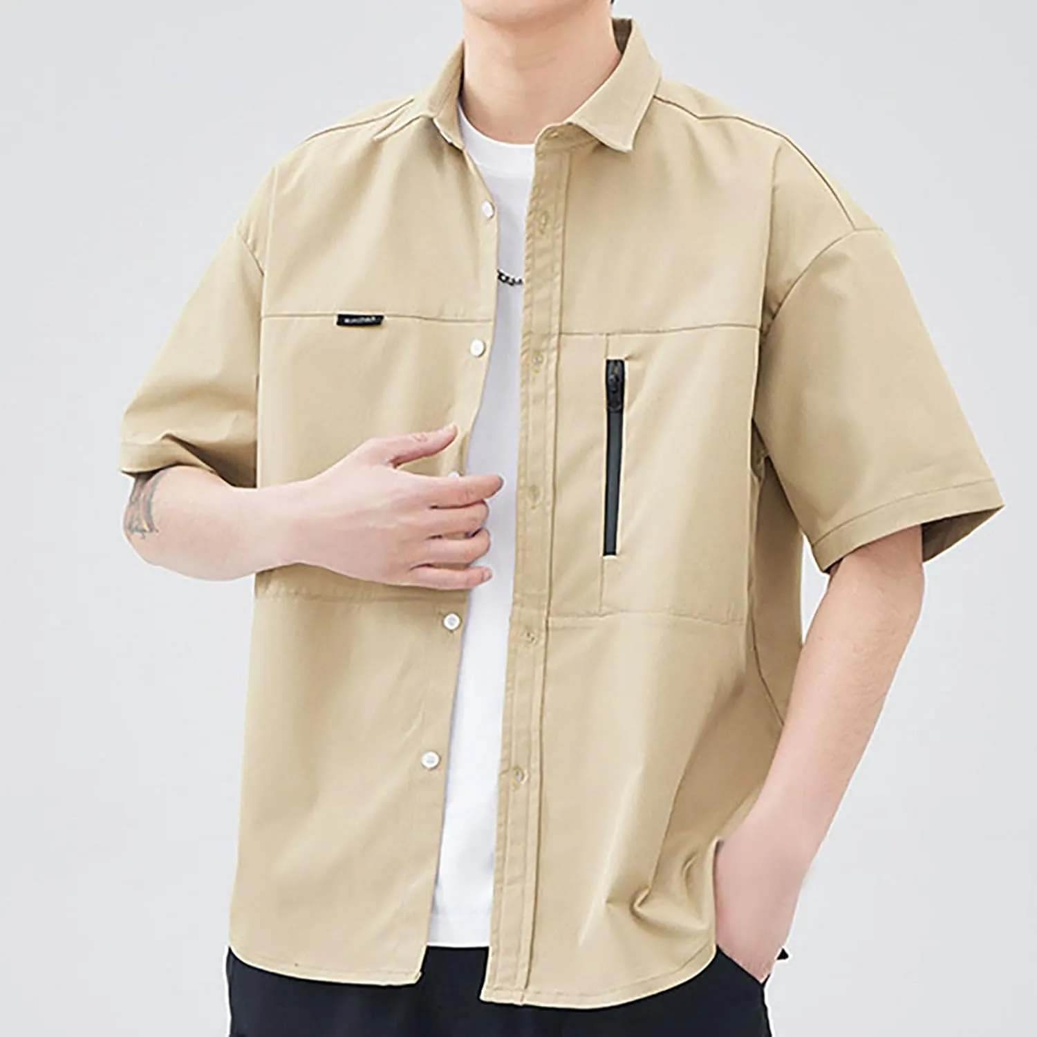 Men's Shirt Jacket with Zipper Pocket Summer Short Sleeve Button Down Shirts Cardigan Coat Blouse Tops