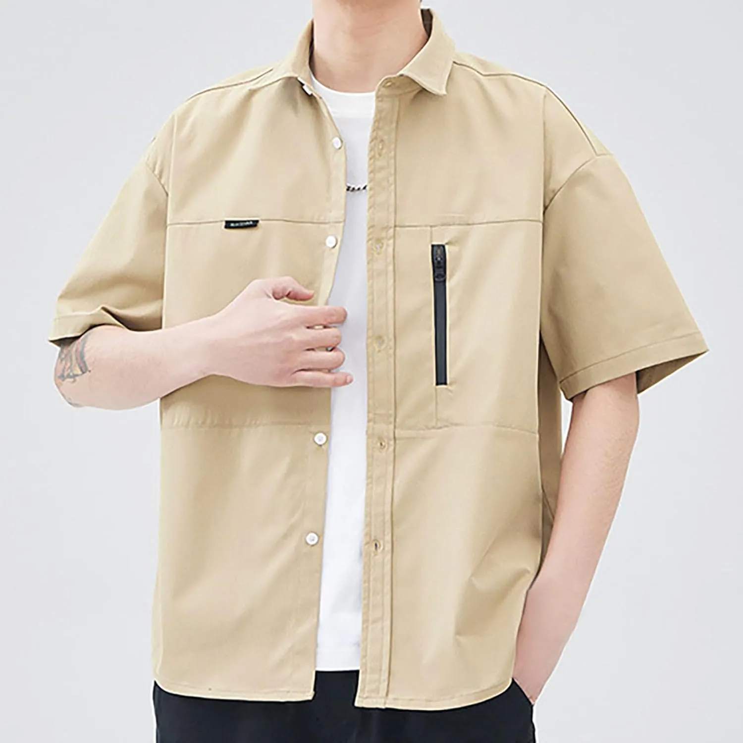 Men's Shirt Jacket with Zipper Pocket Summer Short Sleeve Button Down Shirts Cardigan Coat Blouse Tops