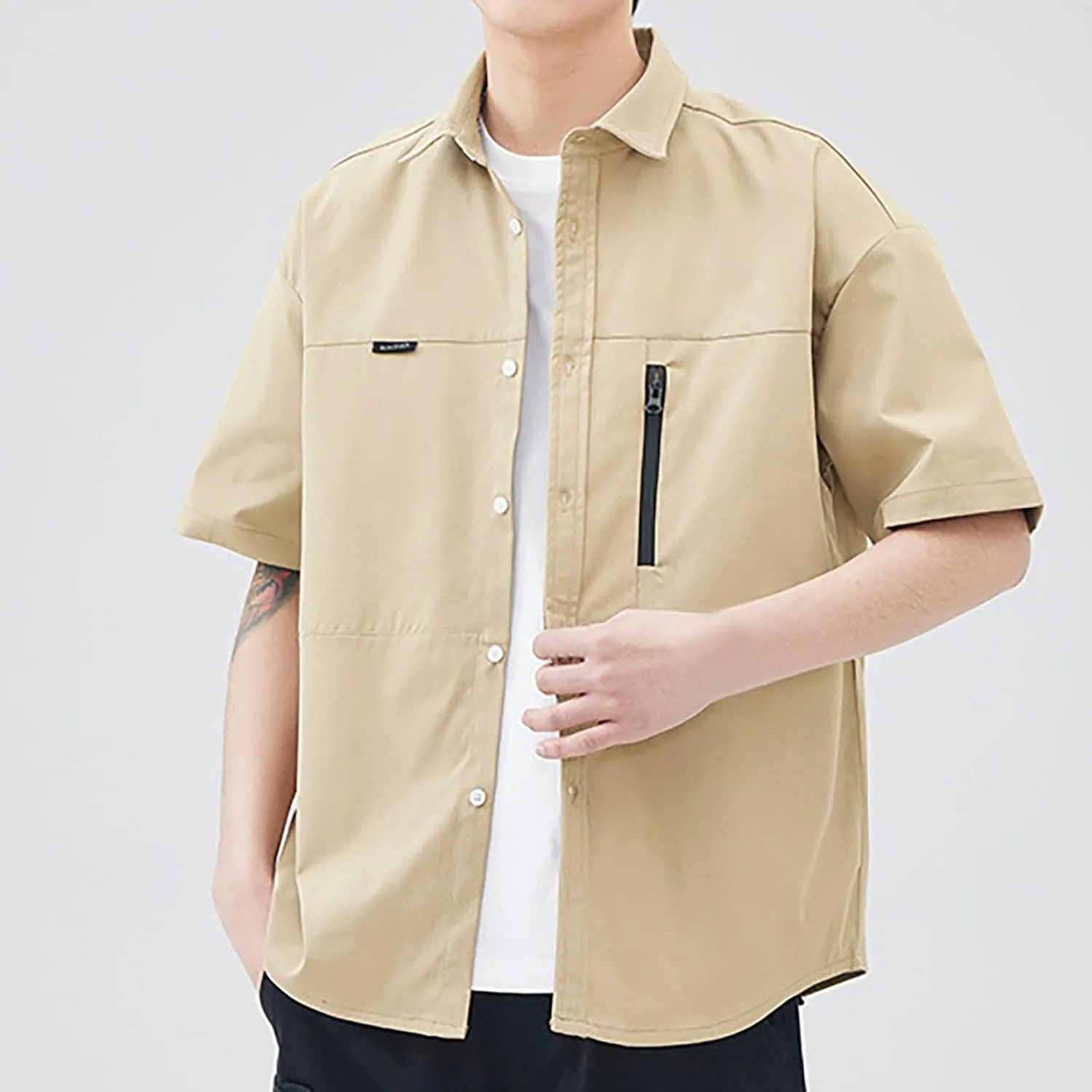 Men's Shirt Jacket with Zipper Pocket Summer Short Sleeve Button Down Shirts Cardigan Coat Blouse Tops