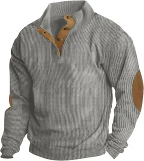 Mens Shirts Stand Collar Button Up Shirts Patchwork Long Sleeve Pullover Outdoor Comfortable Top with Elbow Patches