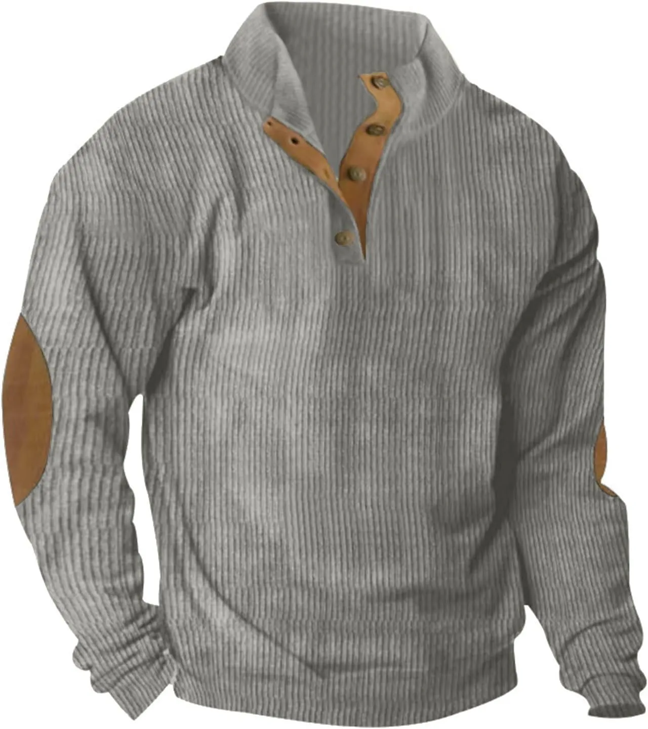 Mens Shirts Stand Collar Button Up Shirts Patchwork Long Sleeve Pullover Outdoor Comfortable Top with Elbow Patches