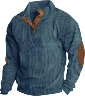Mens Shirts Stand Collar Button Up Shirts Patchwork Long Sleeve Pullover Outdoor Comfortable Top with Elbow Patches