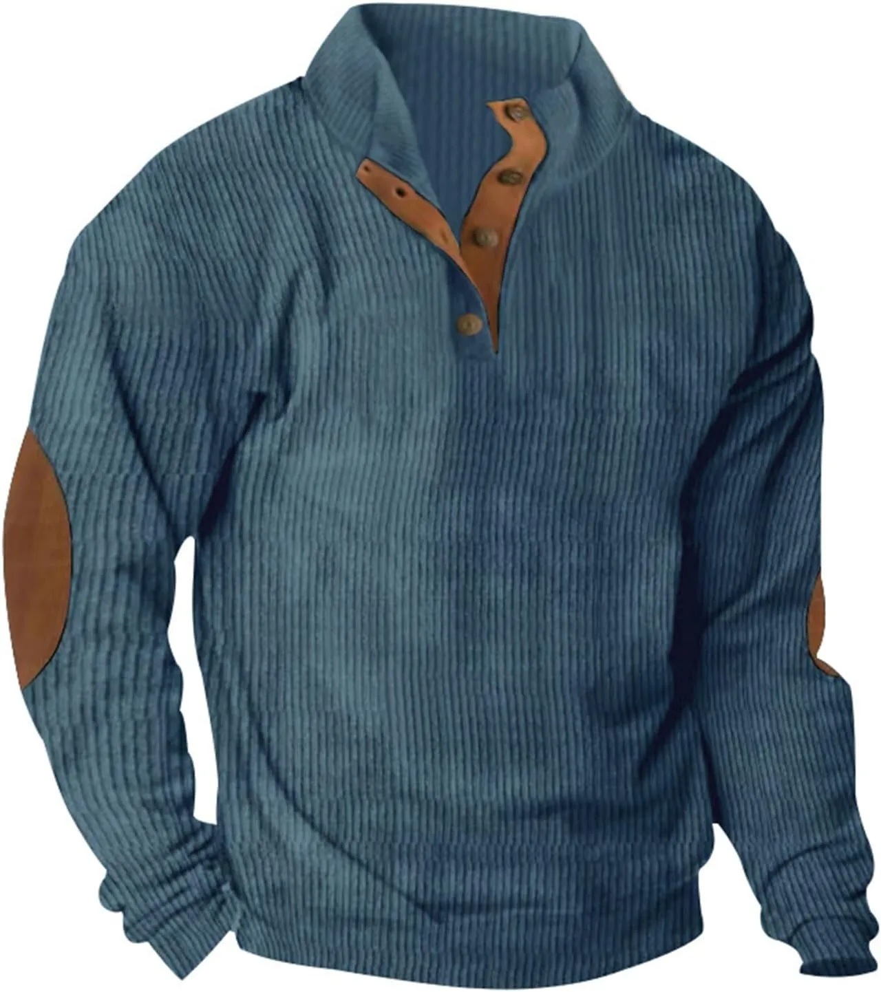 Mens Shirts Stand Collar Button Up Shirts Patchwork Long Sleeve Pullover Outdoor Comfortable Top with Elbow Patches