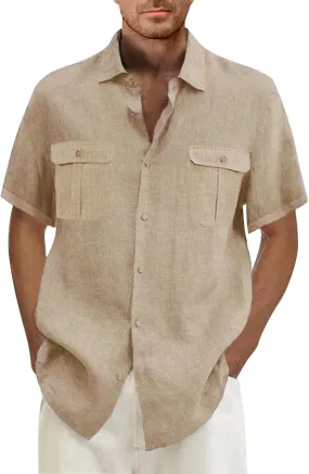 Mens Short Sleeve Shirt Button Down Cotton Linen Lightweight Shirts Summer Casual Spread Collar Beach Tops with Pockets