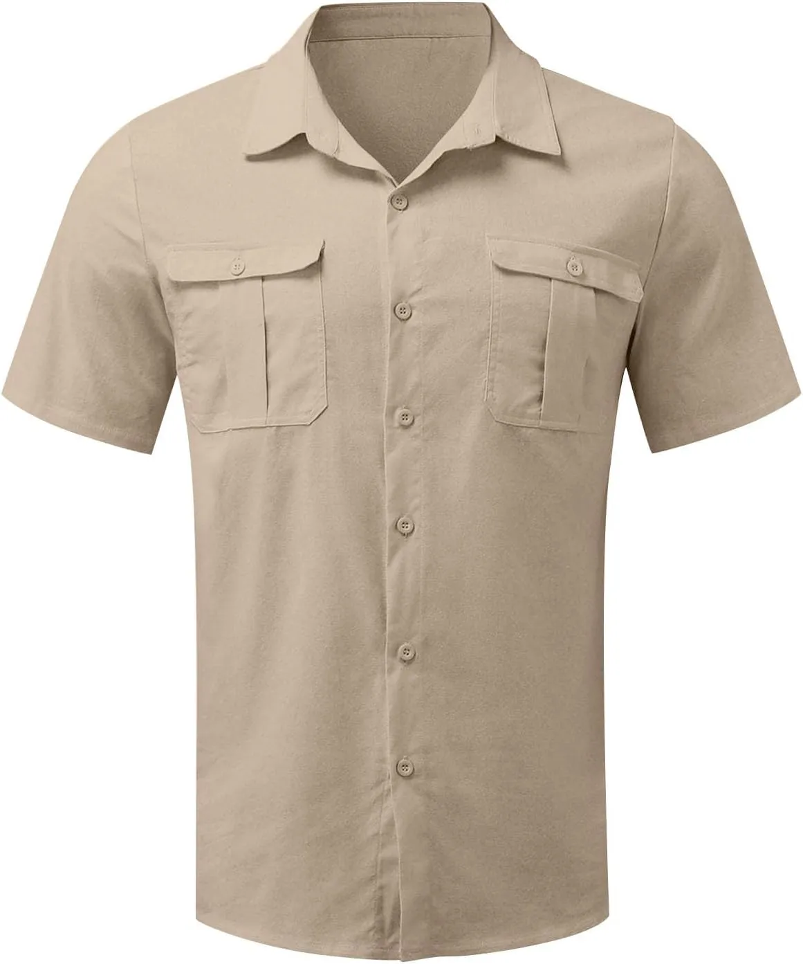 Mens Short Sleeve Shirt Button Down Cotton Linen Lightweight Shirts Summer Casual Spread Collar Beach Tops with Pockets