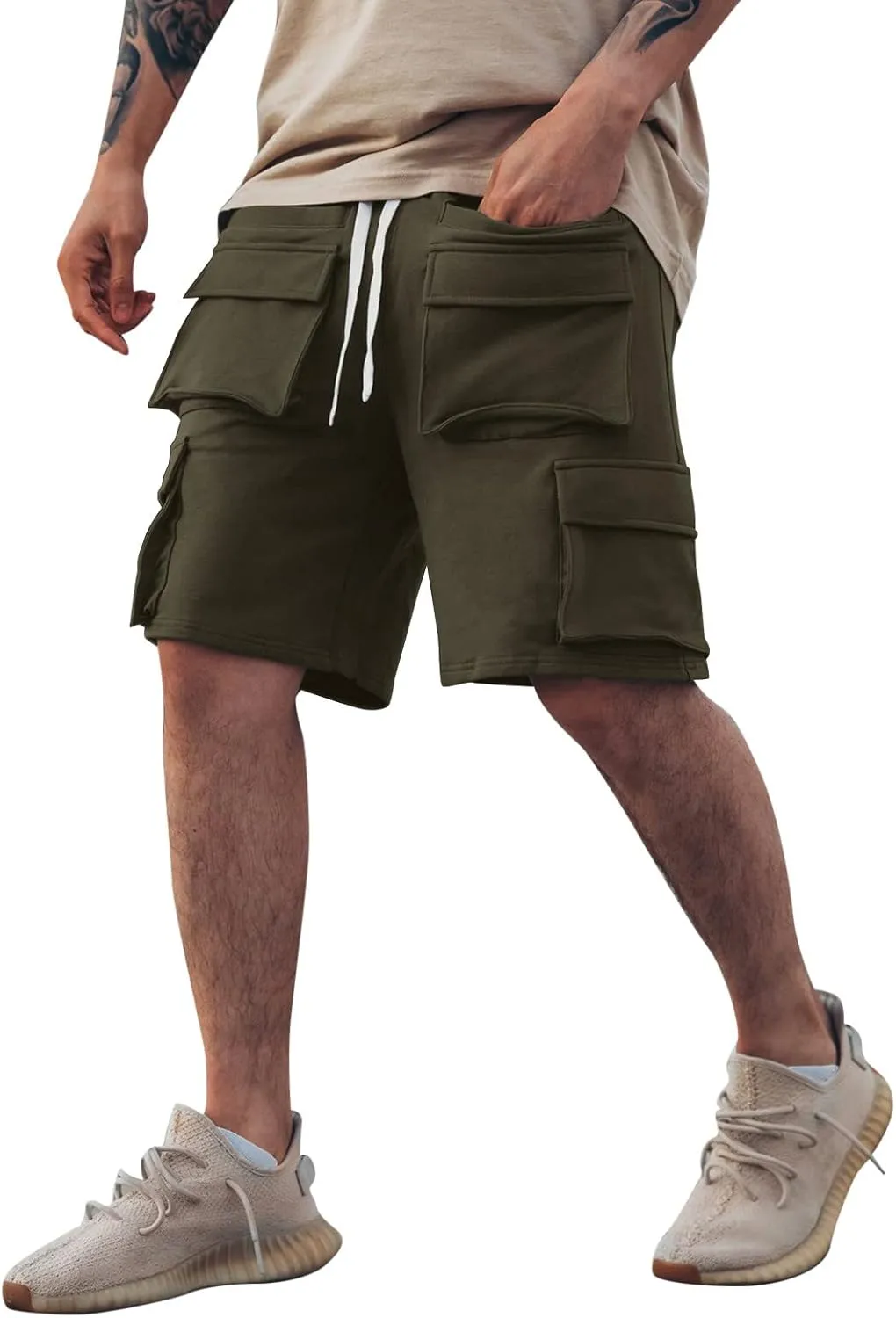 Mens Shorts CasualMen's Summer Solid with Eight Pockets Hiking Cargo Shorts Drawtring Sports Fitness Shorts