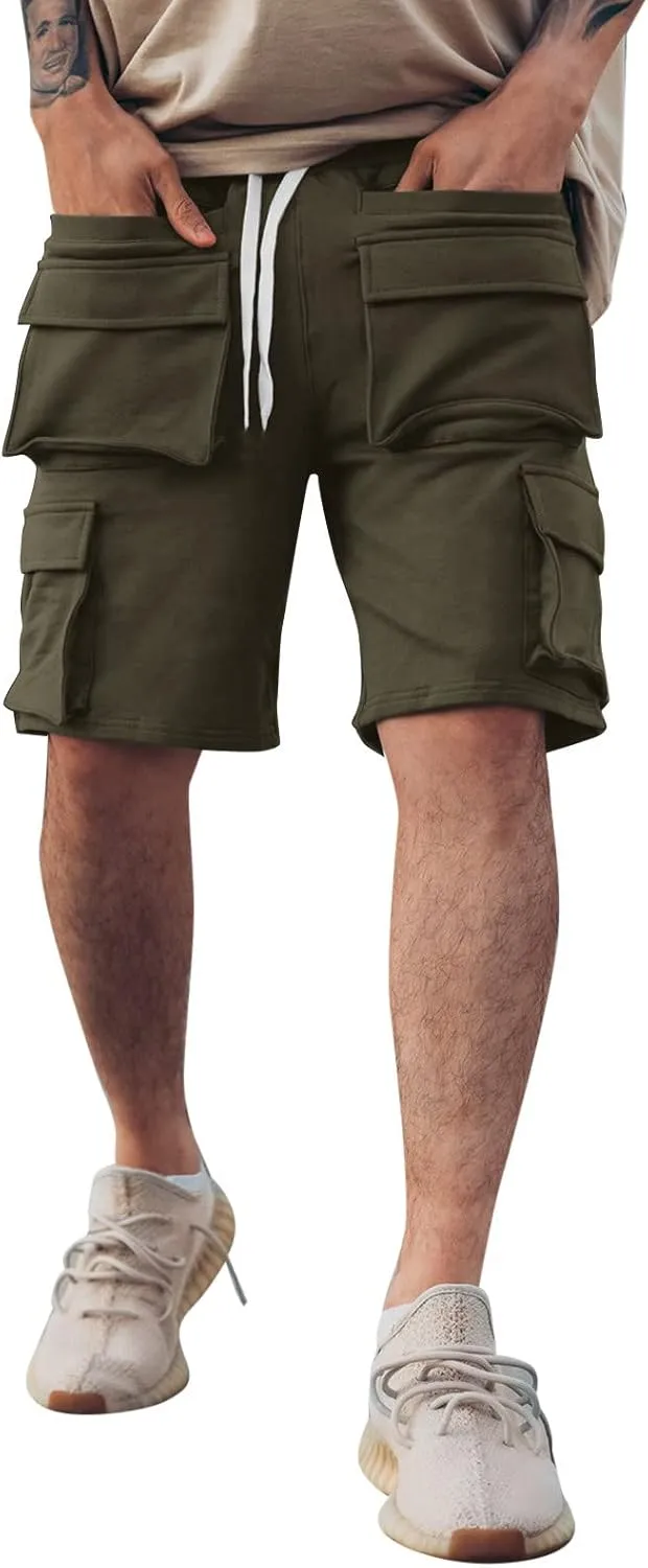Mens Shorts CasualMen's Summer Solid with Eight Pockets Hiking Cargo Shorts Drawtring Sports Fitness Shorts