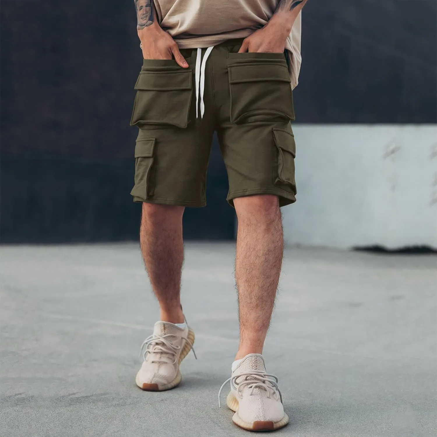 Mens Shorts CasualMen's Summer Solid with Eight Pockets Hiking Cargo Shorts Drawtring Sports Fitness Shorts