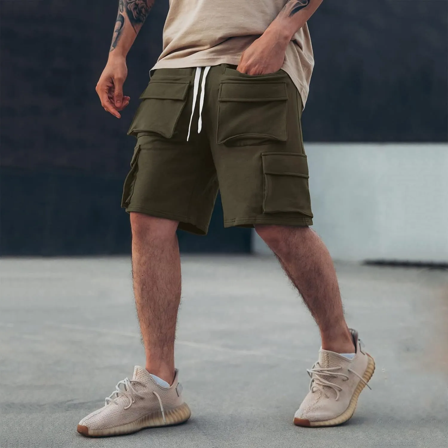 Mens Shorts CasualMen's Summer Solid with Eight Pockets Hiking Cargo Shorts Drawtring Sports Fitness Shorts