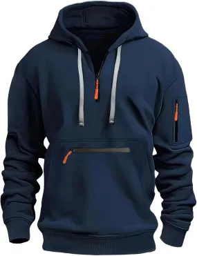 Men's Solid Pullover Hoodies Quarter Zip Sweatshirts Soft Blend Fleece Hooded Sweatshirts Long Sleeve with Big Pocket