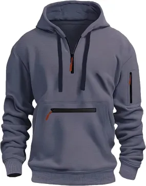 Men's Solid Pullover Hoodies Quarter Zip Sweatshirts Soft Blend Fleece Hooded Sweatshirts Long Sleeve with Big Pocket