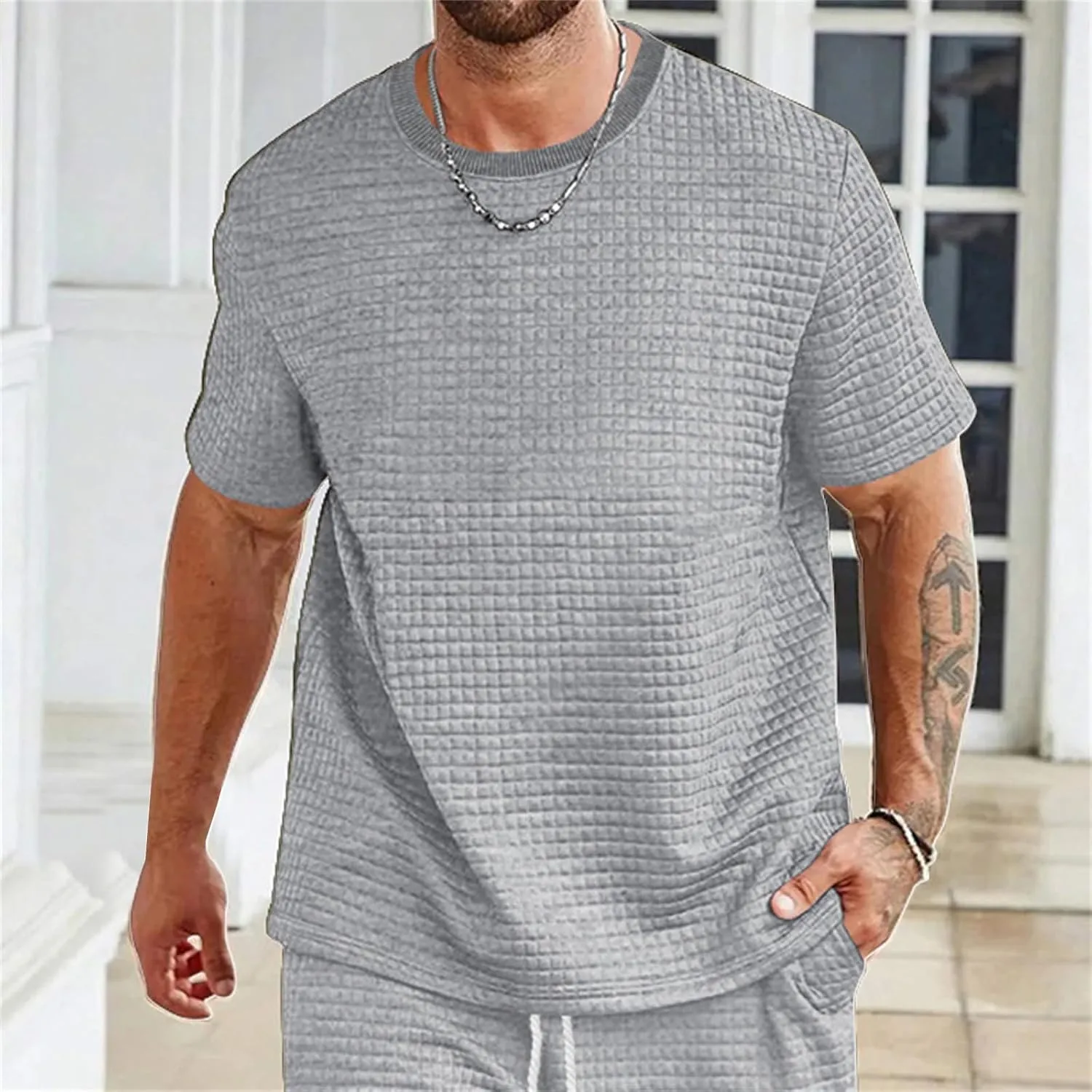 Mens Summer Casual Shirts Short Sleeve Waffle T-shirts Solid Color Crewneck Loose Tees Beach Tops