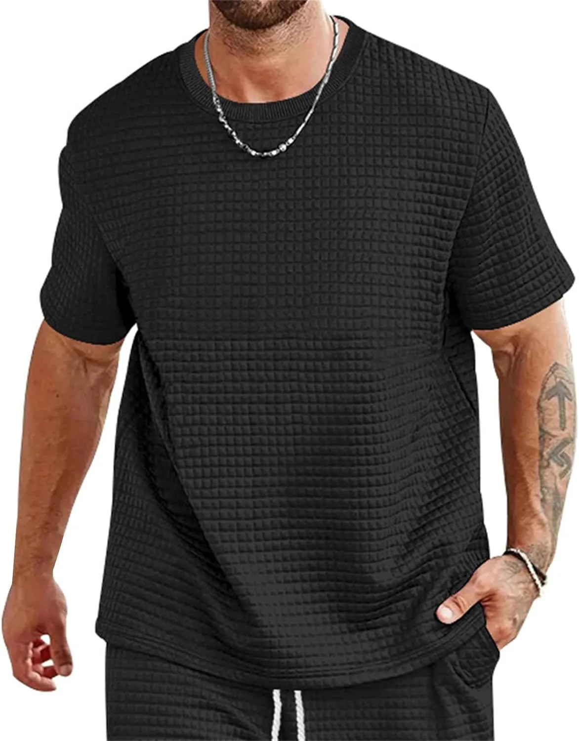 Mens Summer Casual Shirts Short Sleeve Waffle T-shirts Solid Color Crewneck Loose Tees Beach Tops