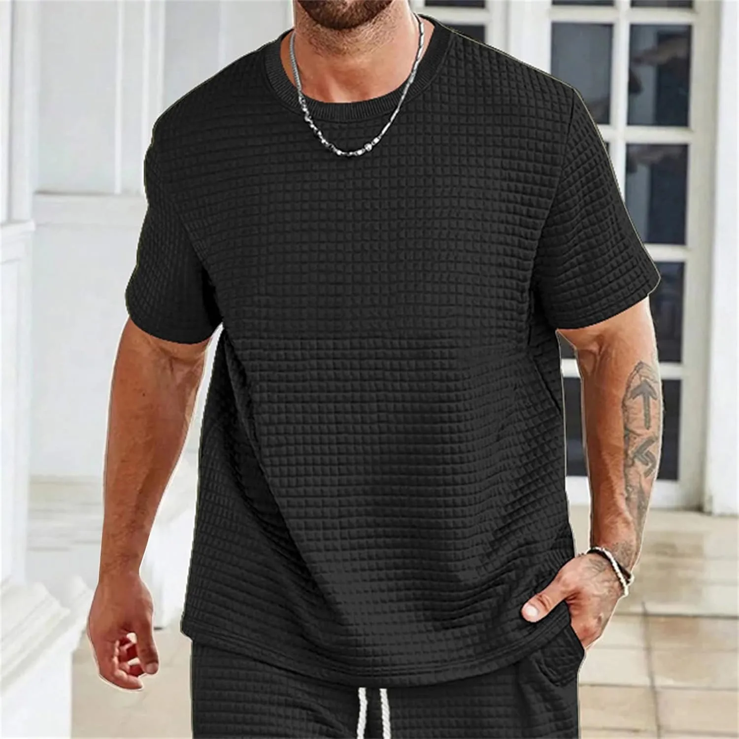 Mens Summer Casual Shirts Short Sleeve Waffle T-shirts Solid Color Crewneck Loose Tees Beach Tops