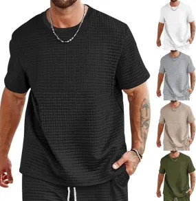 Mens Summer Casual Shirts Short Sleeve Waffle T-shirts Solid Color Crewneck Loose Tees Beach Tops