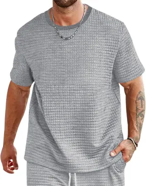 Mens Summer Casual Shirts Short Sleeve Waffle T-shirts Solid Color Crewneck Loose Tees Beach Tops