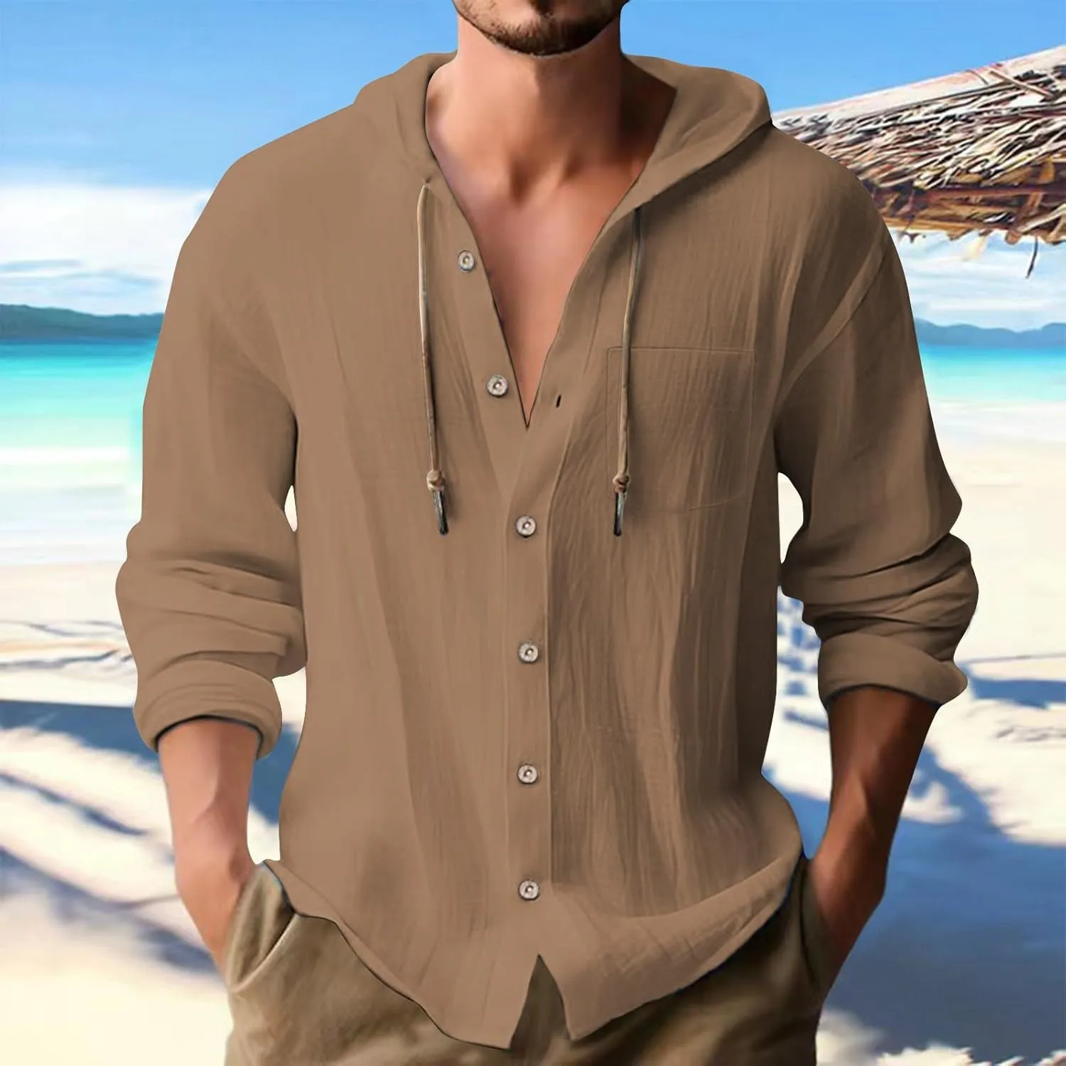 Men's Summer Linen Hoodies Lightweight Drying Tropical Beach Holiday Hippie Shirts Stylish Long Sleeve Cotton T-Shirts