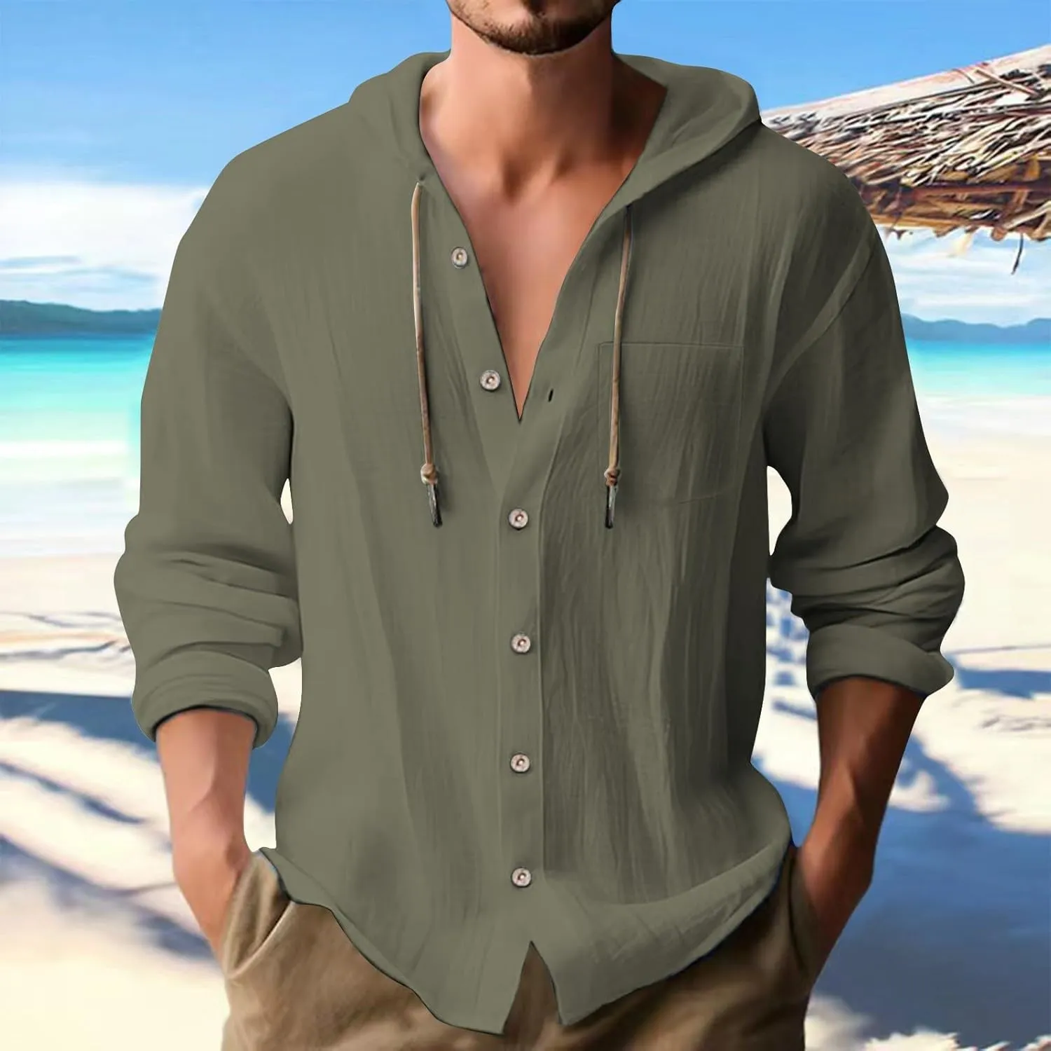 Men's Summer Linen Hoodies Lightweight Drying Tropical Beach Holiday Hippie Shirts Stylish Long Sleeve Cotton T-Shirts