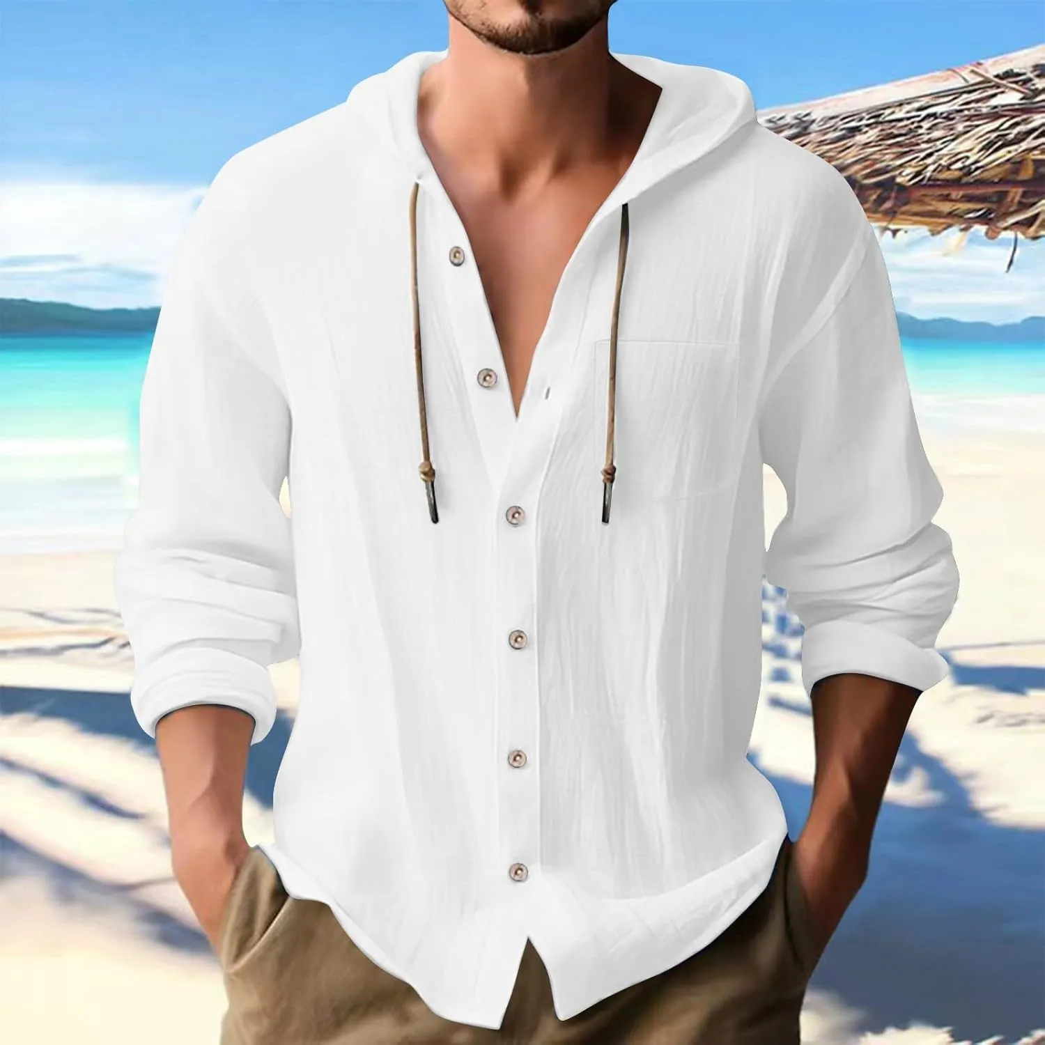 Men's Summer Linen Hoodies Lightweight Drying Tropical Beach Holiday Hippie Shirts Stylish Long Sleeve Cotton T-Shirts
