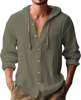 Men's Summer Linen Hoodies Lightweight Drying Tropical Beach Holiday Hippie Shirts Stylish Long Sleeve Cotton T-Shirts
