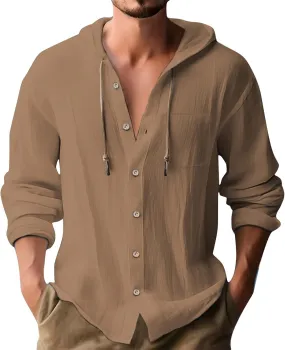 Men's Summer Linen Hoodies Lightweight Drying Tropical Beach Holiday Hippie Shirts Stylish Long Sleeve Cotton T-Shirts
