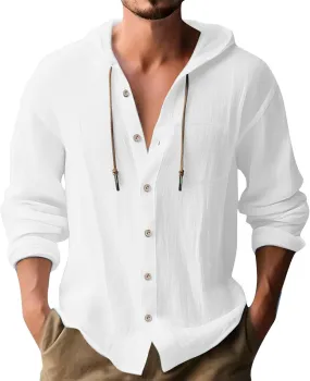 Men's Summer Linen Hoodies Lightweight Drying Tropical Beach Holiday Hippie Shirts Stylish Long Sleeve Cotton T-Shirts