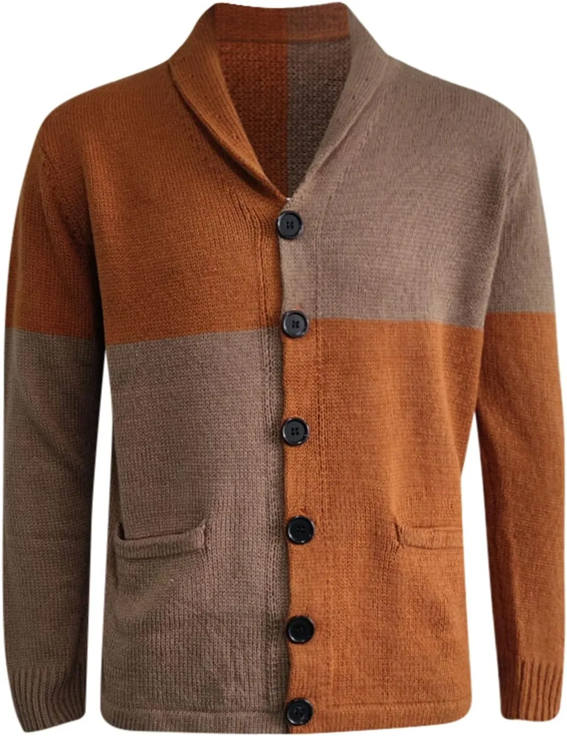 Mens Sweater Mens Patchwork Wool Blended Shawl Collar Cardigan Sweater Button Down with Pockets