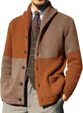 Mens Sweater Mens Patchwork Wool Blended Shawl Collar Cardigan Sweater Button Down with Pockets