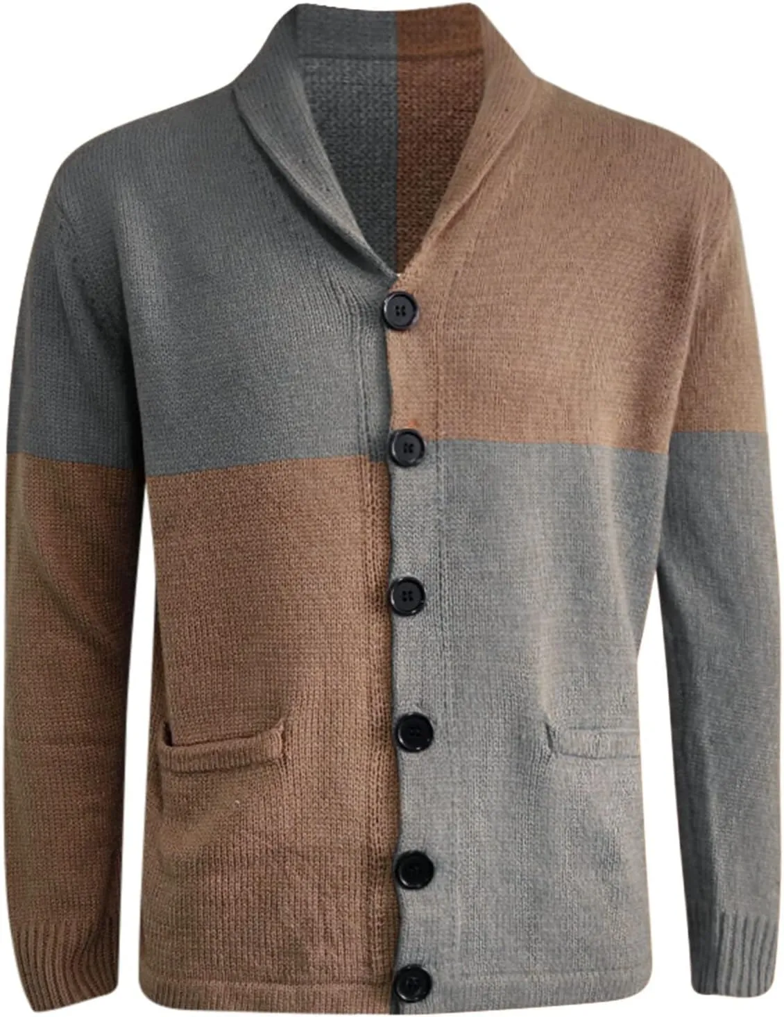 Mens Sweater Mens Patchwork Wool Blended Shawl Collar Cardigan Sweater Button Down with Pockets